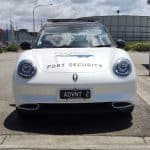 Front view of Advent Security's electric car used at the Port of Melbourne