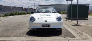 Front view of Advent Security's electric car used at the Port of Melbourne